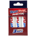 Bait Fuel Freshwater Injector Refill Kit with three white refill cartridges in branded red and blue packaging, designed for fishing tackle use.