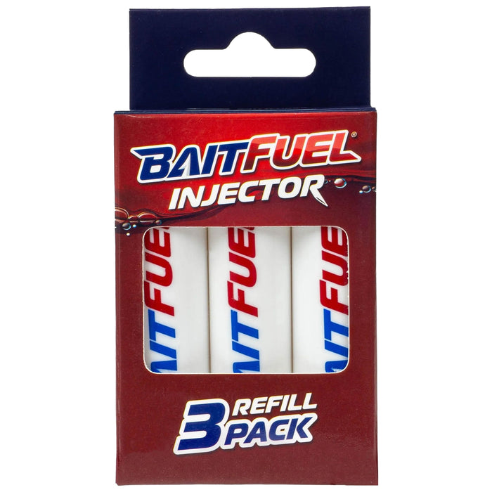 Bait Fuel Freshwater Injector Refill Kit with three white refill cartridges in branded red and blue packaging, designed for fishing tackle use.