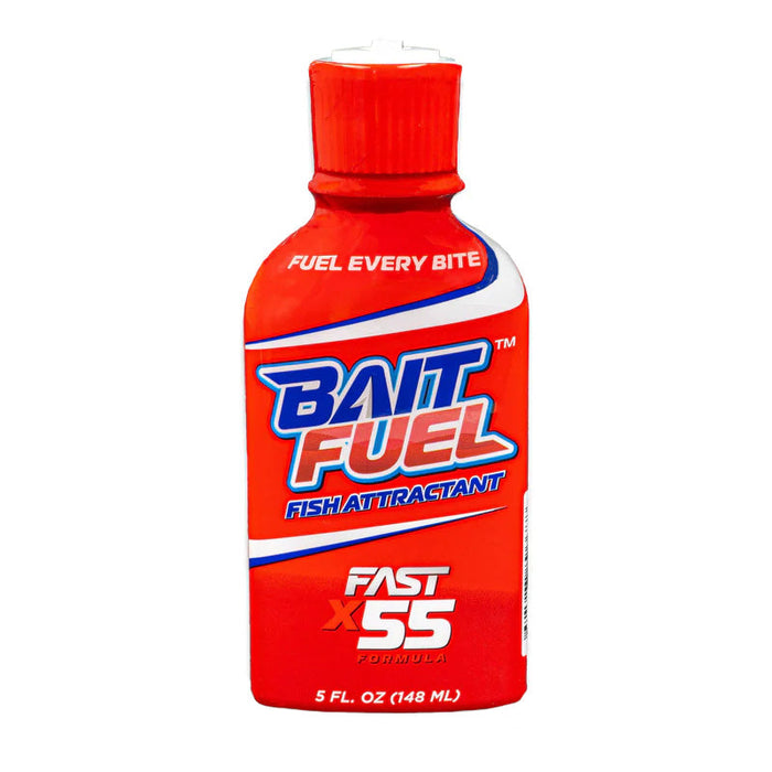 Red squeeze bottle of BaitFuel Bait Fuel Gel fish attractant with bold blue and white lettering, designed to enhance fishing tackle effectiveness.