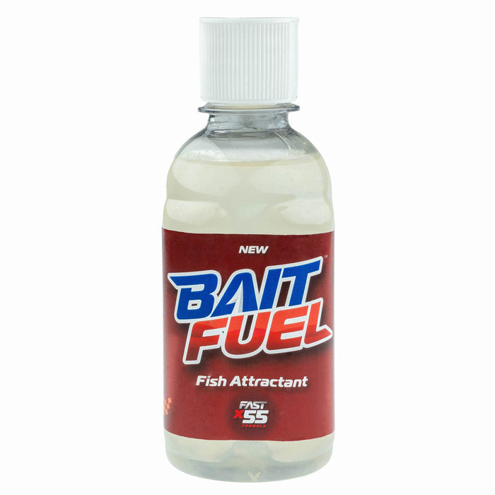Clear plastic bottle with white cap containing BaitFuel Bait Fuel Gel, a fish attractant with a red label featuring bold blue and white text.