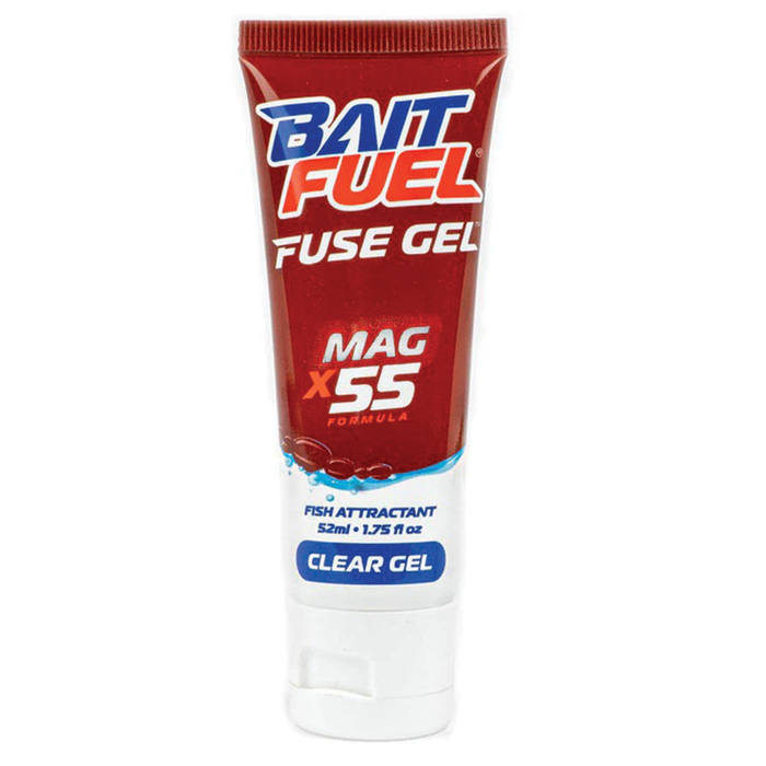 Tube of BaitFuel Fuse Gel in red and white packaging, a clear gel fish attractant designed for fishing tackle use.