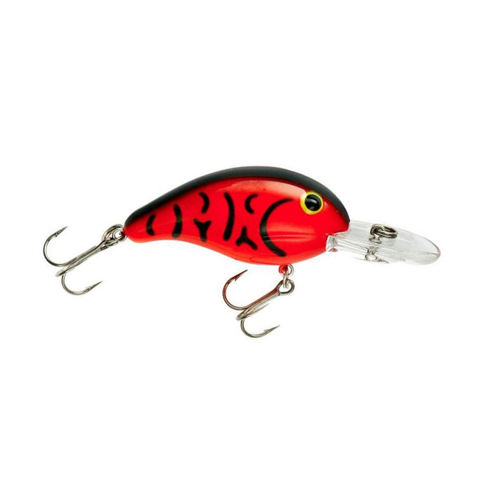 Bandit Lures 200 Series Crankbait in red and black with detailed pattern, featuring two sharp treble hooks designed for effective fishing tackle use.