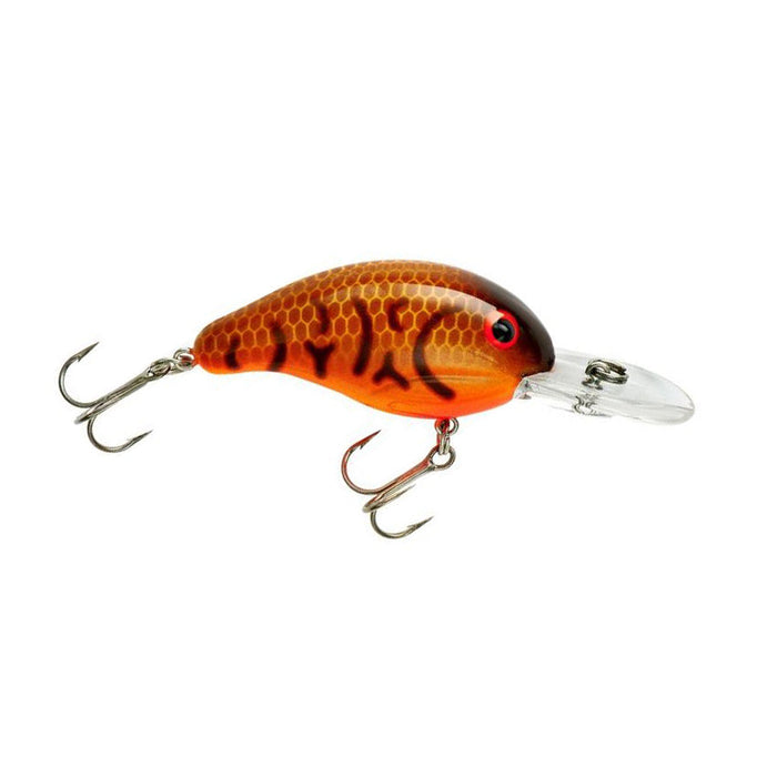 Bandit Lures 200 Series Crankbait in orange and brown with a crawfish pattern, featuring two sharp treble hooks and a clear plastic diving lip for fishing tackle use.