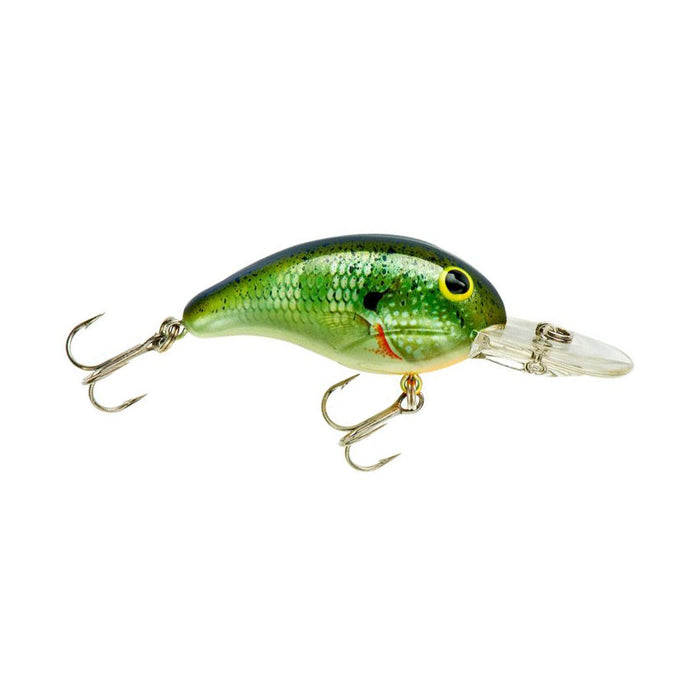 Bandit Lures 200 Series Crankbait in green and yellow with lifelike fish scale pattern, featuring two treble hooks and a clear diving lip for fishing tackle use.