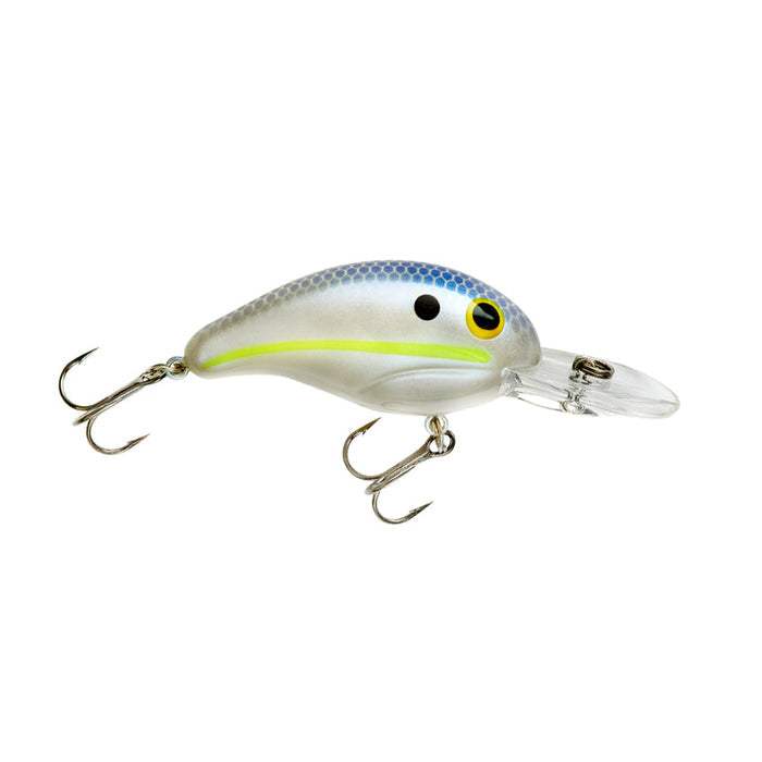 Bandit Lures 200 Series Crankbait fishing lure in silver and chartreuse with black spots, detailed eye, and two treble hooks for effective fishing tackle use.