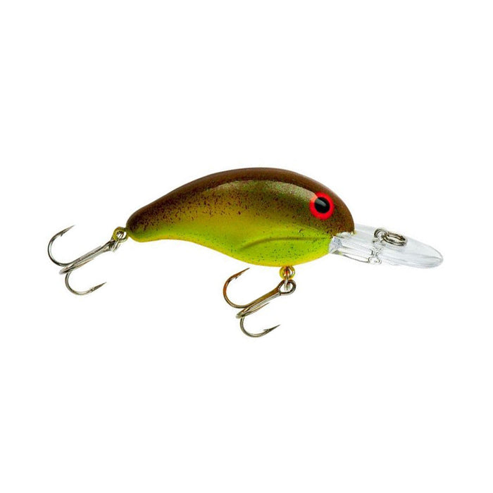 Bandit Lures 200 Series Crankbait in green and brown with red eye, featuring two treble hooks and clear diving lip for freshwater fishing tackle.