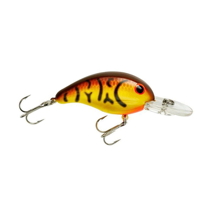 Bandit Lures 200 Series Crankbait in yellow and orange with black markings, featuring two sharp treble hooks and a clear diving lip for effective fishing tackle use.