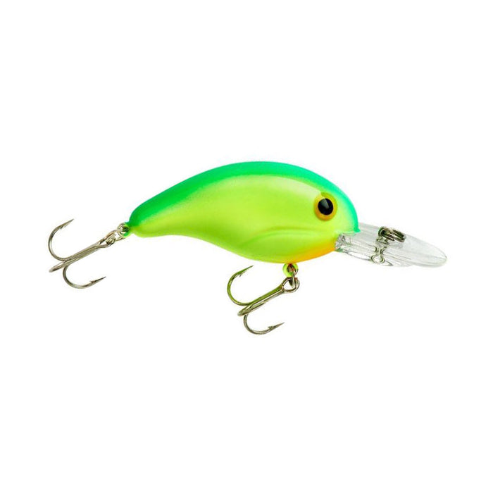 Bright green and yellow Bandit Lures 200 Series Crankbait fishing lure with two treble hooks and a clear plastic lip for diving action, designed for freshwater fishing tackle.