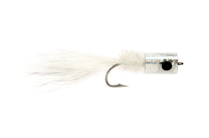 Bangewr Silver #4/0 fishing lure with a silver cylindrical head featuring a black dot and a white feathered tail above a single hook, designed for fishing tackle use.