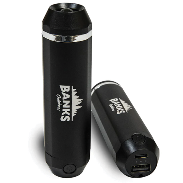 Two black cylindrical Banks Multi-Function Hand Warmer (2 Pack) devices with power buttons and USB ports, designed for portable warmth and charging fishing gear accessories.