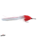 Barry's Pike Fly #2/0 fishing lure with a red and white feathered body, designed for musky fishing, featuring a sharp hook and detailed lifelike eyes.