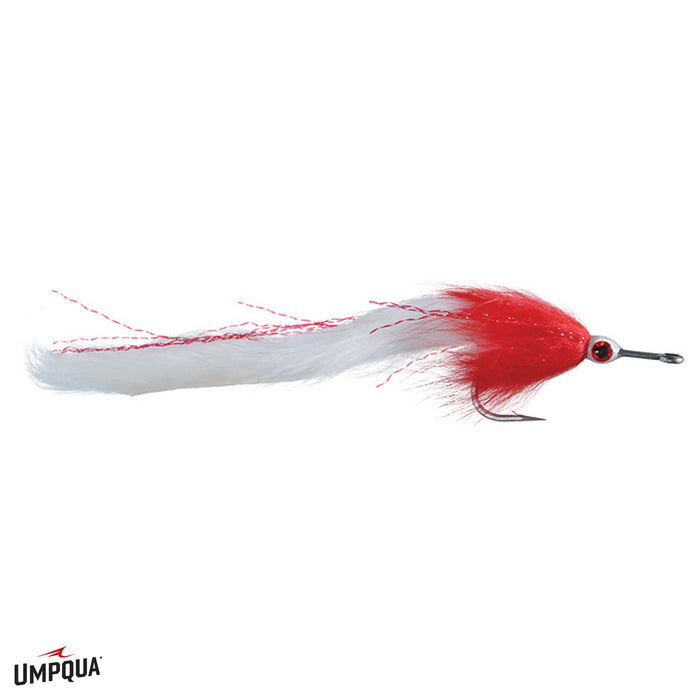 Barry's Pike Fly #2/0 fishing lure with a red and white feathered body, designed for musky fishing, featuring a sharp hook and detailed lifelike eyes.