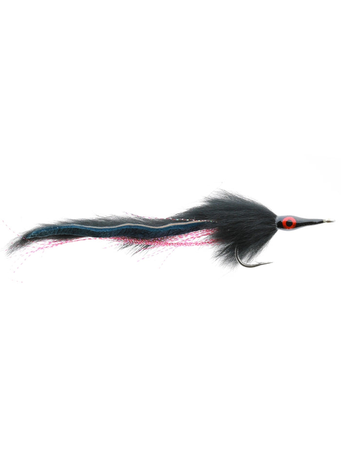 Barry's Pike Fly #2/0 fishing lure in black with red eye detail, featuring a sleek, feathered body and sharp hook designed for musky fishing tackle.