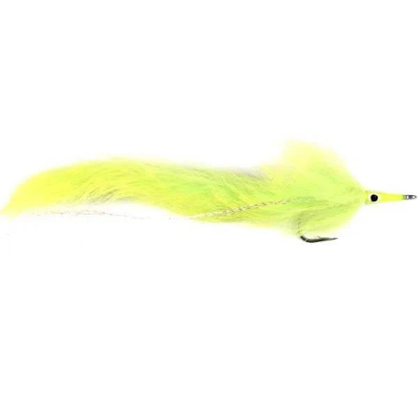 Barry's Pike Fly #2/0 fishing lure with bright yellow and chartreuse synthetic fibers designed for musky fishing, featuring a detailed head and sharp hook for effective fishing tackle use.