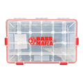 Clear plastic fishing tackle box with adjustable compartments and red latches, featuring the Bass Mafia logo, designed for organizing fishing gear, shown empty.