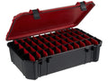 Bass Mafia 3700 Deep Coffin fishing tackle box with black exterior and red interior, featuring adjustable compartments for organized storage of fishing gear and lures.