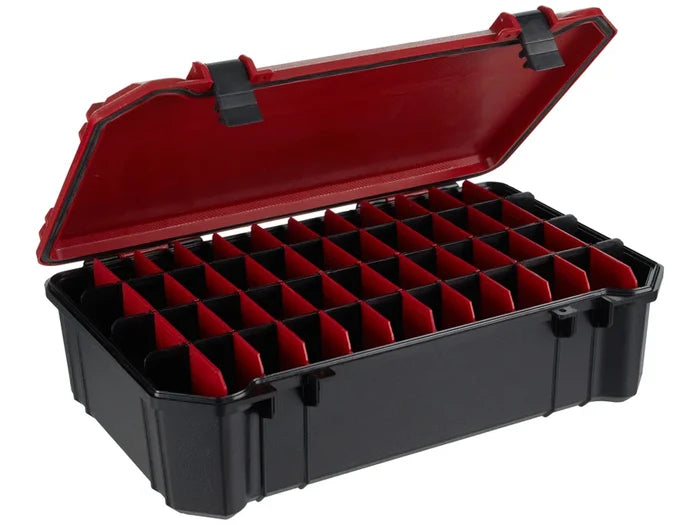 Bass Mafia 3700 Deep Coffin fishing tackle box with black exterior and red interior, featuring adjustable compartments for organized storage of fishing gear and lures.