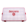 Clear plastic tackle box with red edges and latches, featuring the Bass Mafia logo on the lid, designed for organizing fishing tackle, named Bass Mafia Casket 2.0 Size 3700 Deep.
