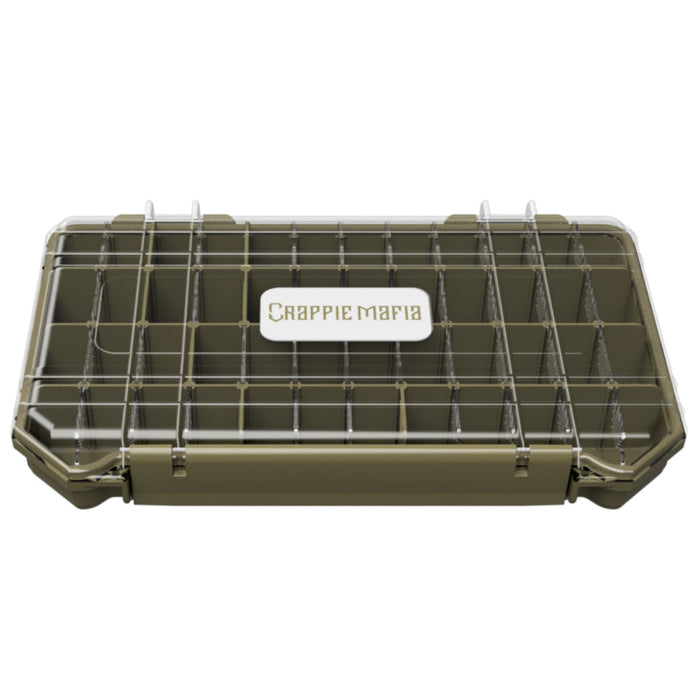Bass Mafia Crappie Mafia Coffin 2.0 Size 3600 fishing tackle box with clear lid and multiple adjustable compartments for organized storage of fishing lures and gear.