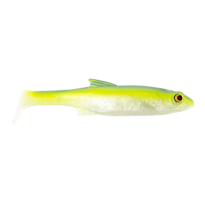 Bass Mafia Daingerous Swimbait fishing lure in shades of green and yellow with a soft, lifelike body and detailed eye, designed for effective fishing tackle use.