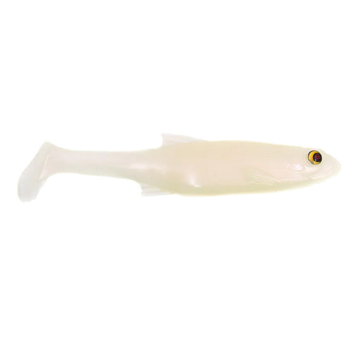 Bass Mafia Daingerous Swimbait in a pale albino color featuring a soft, lifelike body designed as a fishing lure with a paddle tail and detailed eye for attracting fish.