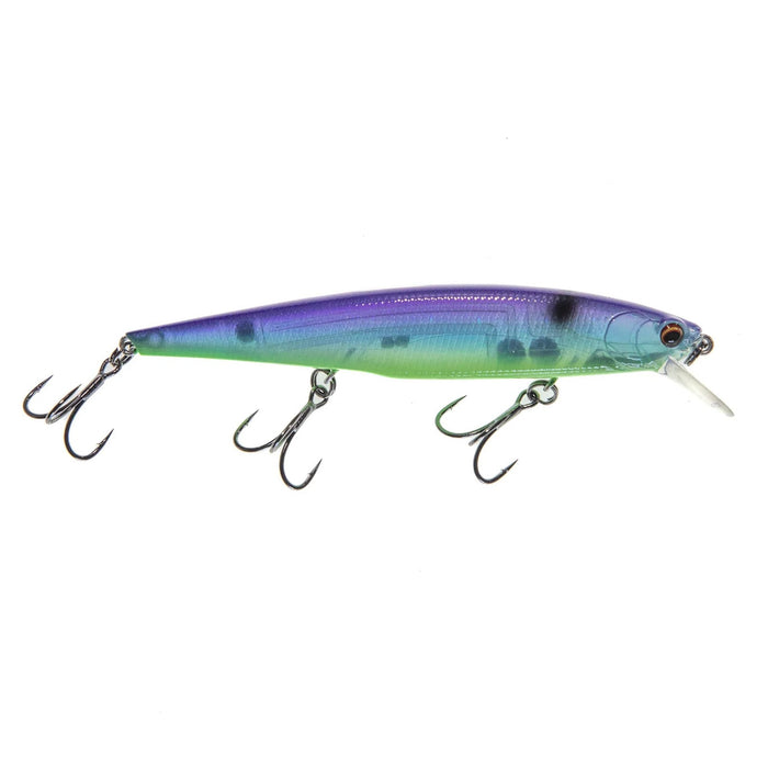 Bass Mafia Shot Caller 112 Jerkbait fishing lure in blue and green hues with three treble hooks and a small diving lip for effective fishing tackle presentation.