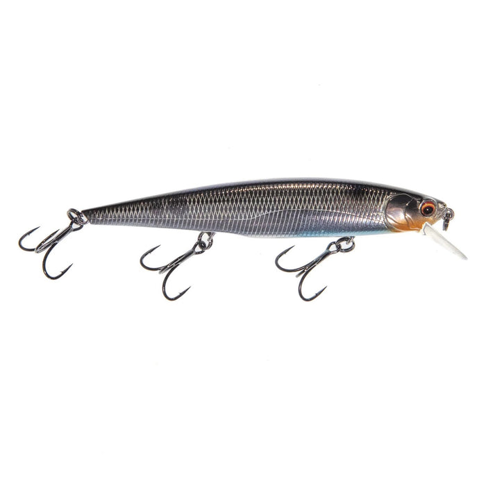 Bass Mafia Shot Caller 112 Jerkbait fishing lure in silver and black with realistic fish scale pattern and three sharp treble hooks for effective fishing tackle use.