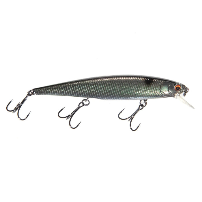 Bass Mafia Shot Caller 112 Jerkbait fishing lure in metallic green with realistic fish scale texture, three sharp treble hooks, and a clear diving lip for versatile fishing tackle.