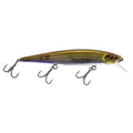 Bass Mafia Shot Caller 112 Jerkbait fishing lure with a streamlined body, gold and silver finish, and three sharp treble hooks for effective fishing tackle use.