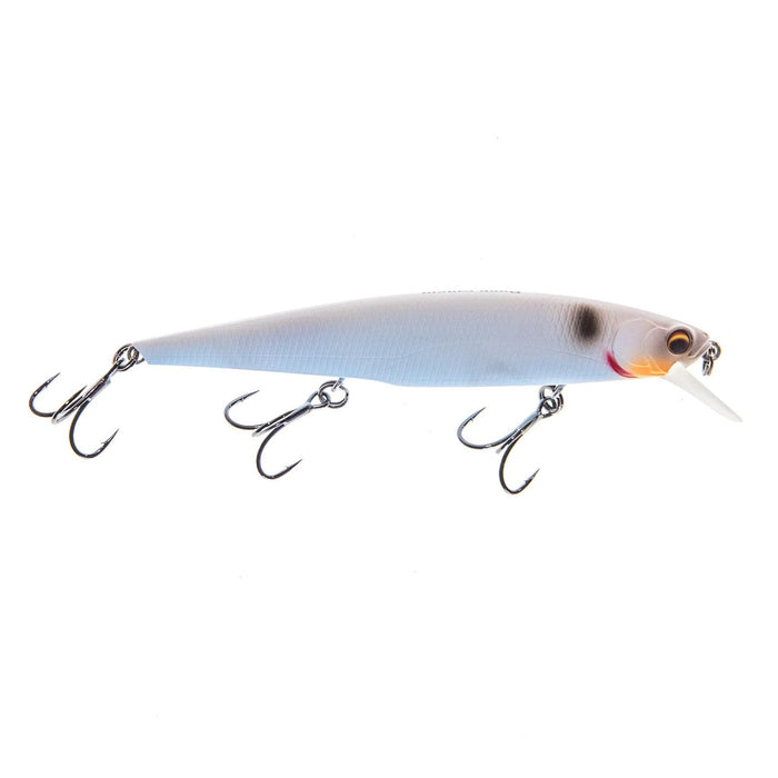 Bass Mafia Shot Caller 112 Jerkbait fishing lure in matte pearl finish with a streamlined body, realistic eye detail, and three treble hooks for effective freshwater fishing tackle.