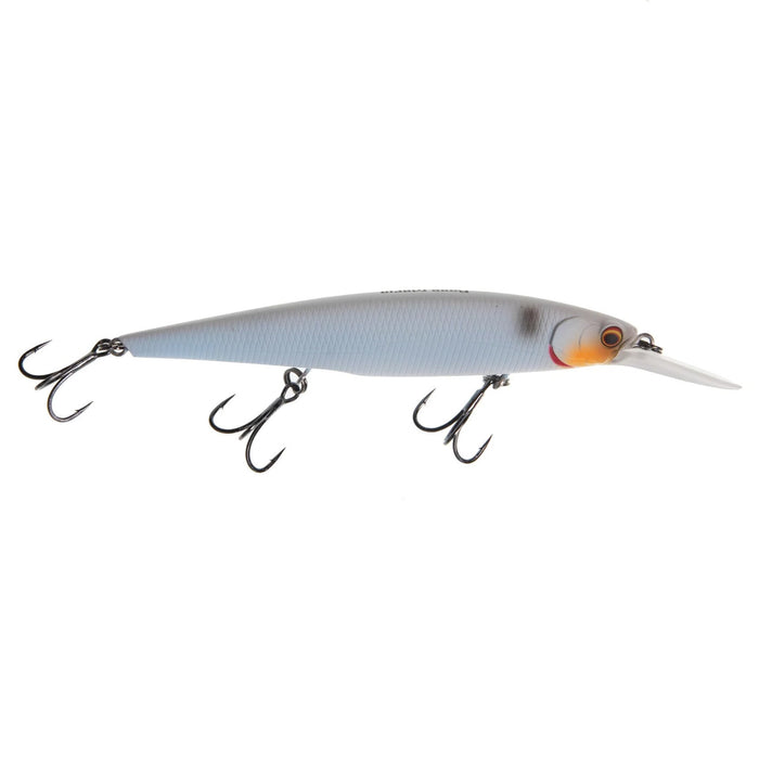 Bass Mafia Shot Caller Deep 112 Jerkbait in a matte pearl finish, featuring a slender body with three treble hooks designed for effective fishing tackle performance.