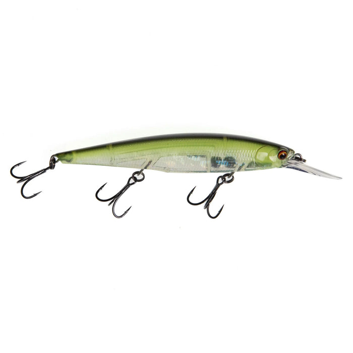 Bass Mafia Shot Caller Deep 112 Jerkbait fishing lure in green and translucent body with three sharp treble hooks, designed for effective fishing tackle use.