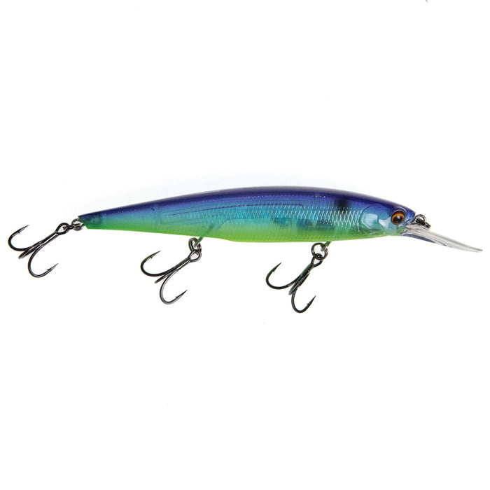 Bass Mafia Shot Caller Deep 112 Jerkbait fishing lure in blue and green tones with three treble hooks and a clear diving lip for deep water fishing.