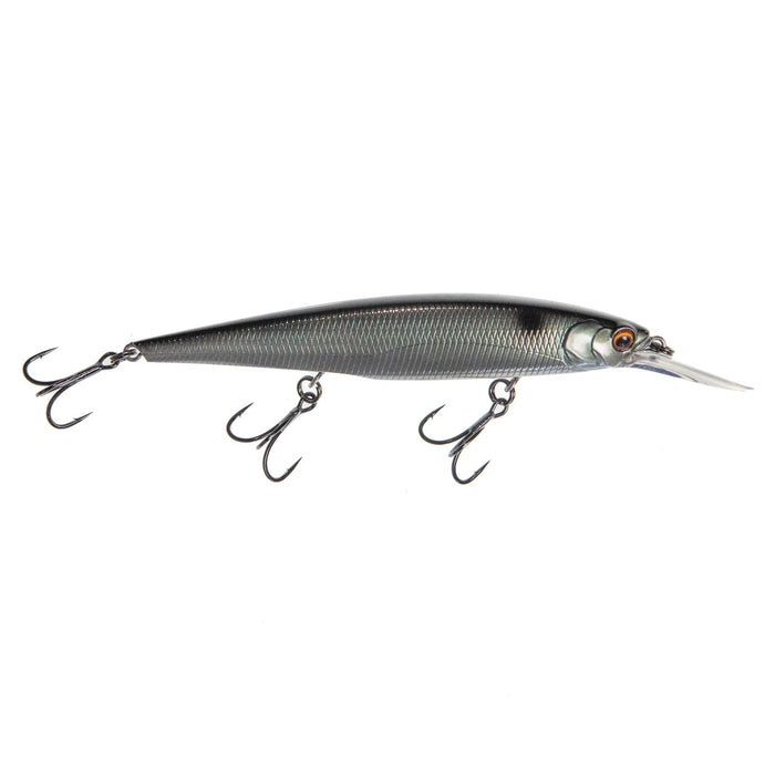 Bass Mafia Shot Caller Deep 112 Jerkbait fishing lure in metallic gray with realistic scale pattern, three treble hooks, and a clear diving lip for deep water fishing.