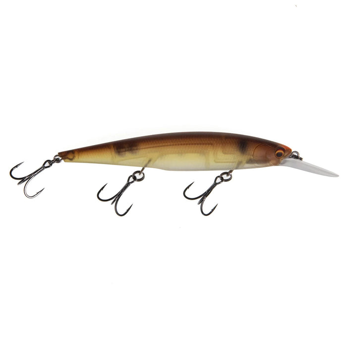 Bass Mafia Shot Caller Deep 112 Jerkbait fishing lure in brown and tan shades with three treble hooks and a clear diving lip for deep water fishing.