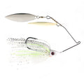 Bassman Spinnerbaits TW Series Double Willow Blades fishing lure with two silver willow leaf blades and a white and chartreuse skirt designed for attracting bass.