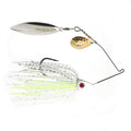 Bassman Spinnerbaits TW Series Tandem Blades fishing lure with dual metal blades, white and chartreuse skirt, red eye, and sharp single hook designed for freshwater fishing tackle.
