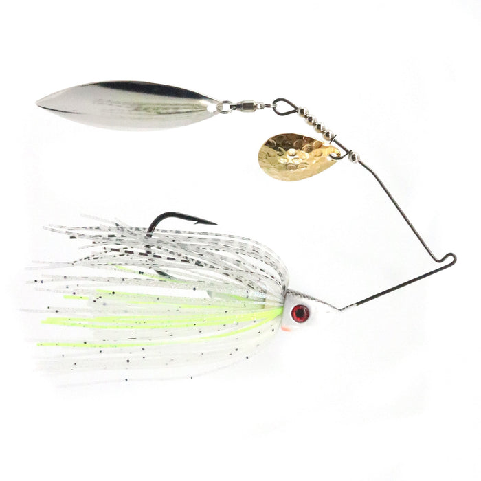 Bassman Spinnerbaits TW Series Tandem Blades fishing lure with dual metal blades, white and chartreuse skirt, red eye, and sharp single hook designed for freshwater fishing tackle.