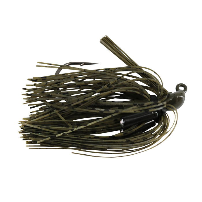 BassTEK Tungsten Flipping Jig with a camo-patterned silicone skirt, weighted tungsten head, sharp hook, and weed guard designed for fishing tackle.