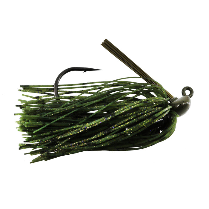 BassTEK Tungsten Flipping Jig with green glittered silicone skirt, sharp black hook, and weighted head designed for effective fishing tackle use.