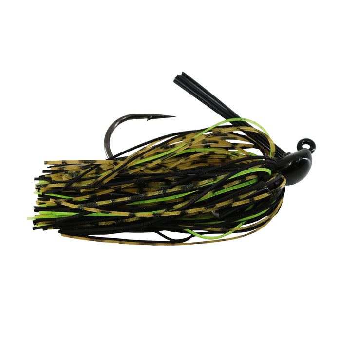 BassTEK Tungsten Flipping Jig featuring a sharp hook and a multi-colored skirt with black, yellow, and green strands designed for effective fishing tackle use.