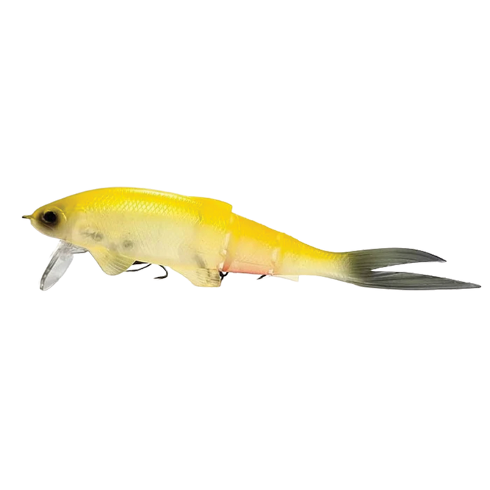 Baum Muon yellow musky fishing lure with a diving lip realistic fish profile and flowing tail for casting and trolling applications
