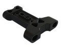 Black durable plastic bracket with multiple mounting holes and raised logo, designed for securing and protecting boat transoms, called Beatdown Outdoors Transom Saver.