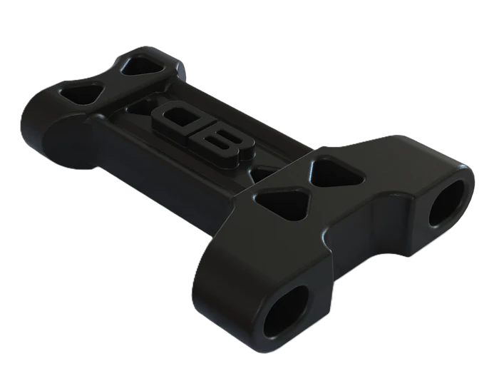 Black durable plastic bracket with multiple mounting holes and raised logo, designed for securing and protecting boat transoms, called Beatdown Outdoors Transom Saver.