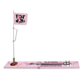 Beaver Dam Breast Cancer Awareness Tip-Up features a pink base with breast cancer ribbons, a metal flagpole with a pink flag reading "Fight Cancer," and a stainless steel fishing tip-up mechanism.