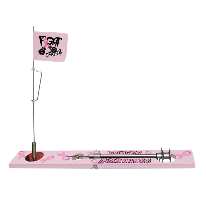 Beaver Dam Breast Cancer Awareness Tip-Up features a pink base with breast cancer ribbons, a metal flagpole with a pink flag reading "Fight Cancer," and a stainless steel fishing tip-up mechanism.