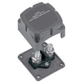 Grey heavy duty electrical distribution block featuring dual metal studs and a protective snap-on cover labeled with "Dual Heavy Duty Distribution Studs", BEP Heavy Duty Distribution studs 702-2S.