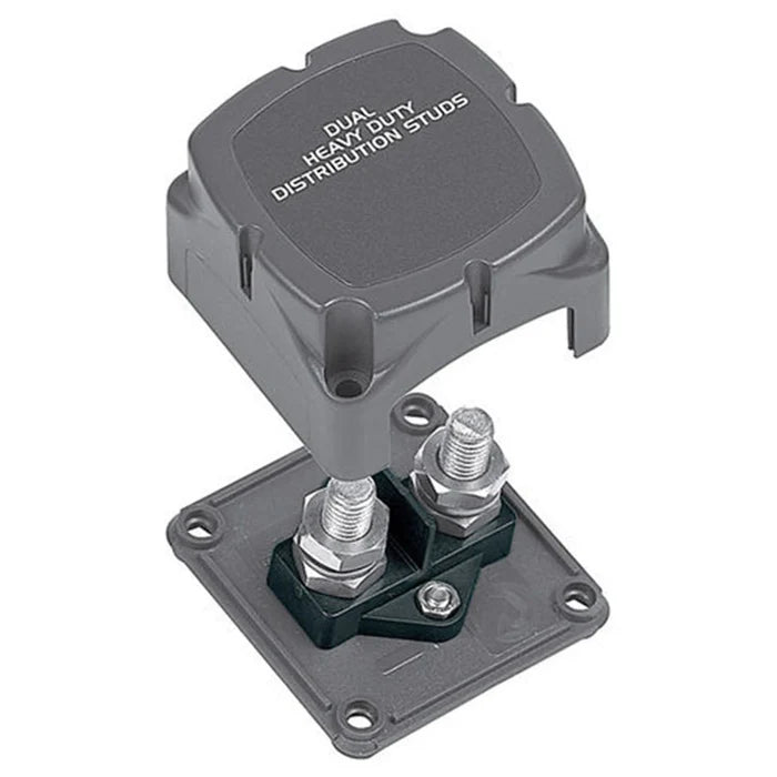 Grey heavy duty electrical distribution block featuring dual metal studs and a protective snap-on cover labeled with "Dual Heavy Duty Distribution Studs", BEP Heavy Duty Distribution studs 702-2S.