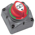 BEP Mini Battery Selector Switch 701S featuring a gray base with a red rotary dial marked with battery connection symbols and off position for marine electronics and fishing tackle power control.