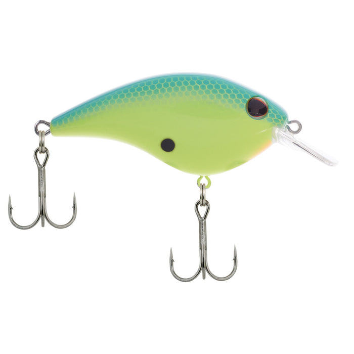 Berkley Frittside 5 Junior Crankbait fishing lure in green and blue with two sharp treble hooks and a clear plastic lip for diving action.